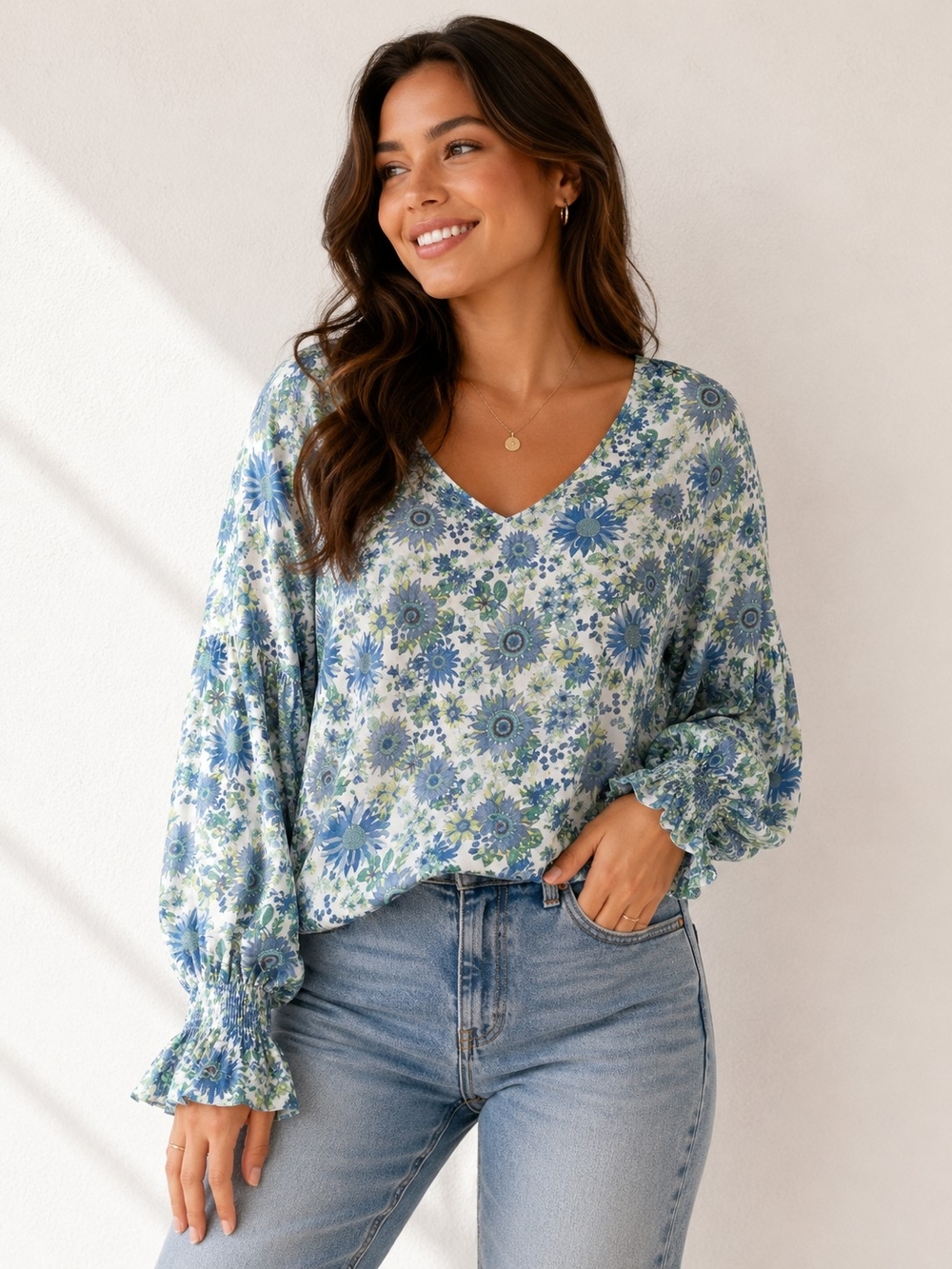 Entro Blue Floral Balloon Sleeve Blouse Size L Ruffle Cuff Cottagecore